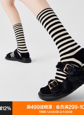 AR毛圈袜子女中筒袜秋冬季厚保暖黑白色条纹显瘦百搭长筒袜春秋款
