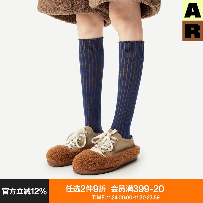 AR半边绒小腿袜子女秋冬保暖高筒条纹显瘦弹力长筒袜春秋款堆堆袜