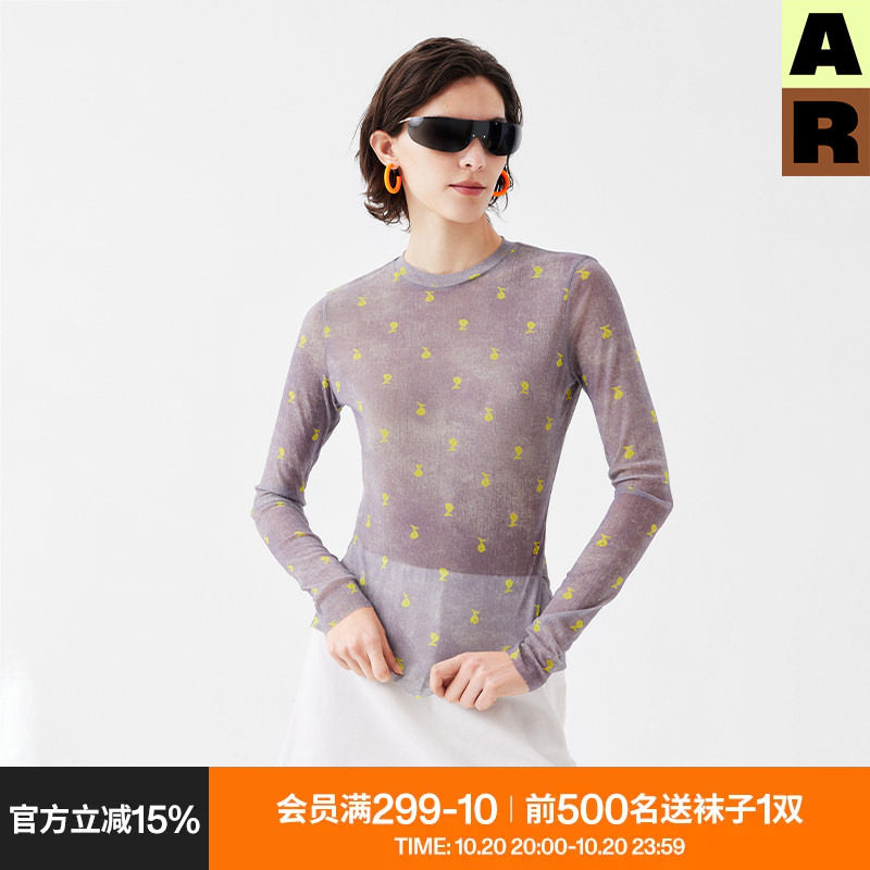 AR原创印花网纱打底衫长袖t恤上衣女装夏修身显瘦可外穿罩衫薄款