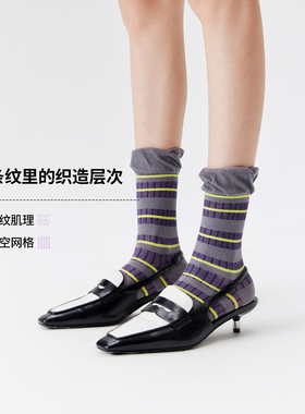 AR袜子女款春夏季轻薄透气灰紫色中筒袜复古花边条纹堆堆袜miu系
