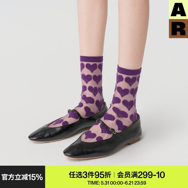 AR袜子夏薄款女款爱心印花撞色中筒袜复古玛丽珍袜水晶丝袜堆堆袜