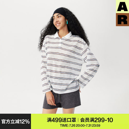 AR条纹轻薄长袖正肩t恤秋冬宽松polo衫慵懒风上衣女款r线休闲百搭