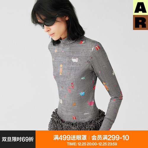 AR新中式印花长袖针织高领保暖内衣秋冬灰色内搭显瘦打底衫上衣女