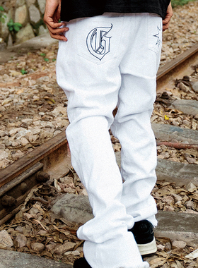 GTB/G-VIBE系列基础刺绣帆布流苏毛边微喇裤情侣四季百搭阔腿裤