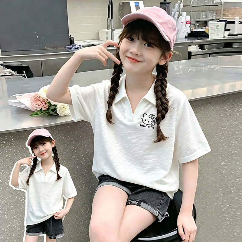 韩版洋气翻领短袖T恤夏季新款儿童女童宝宝卡通印花POLO领上衣