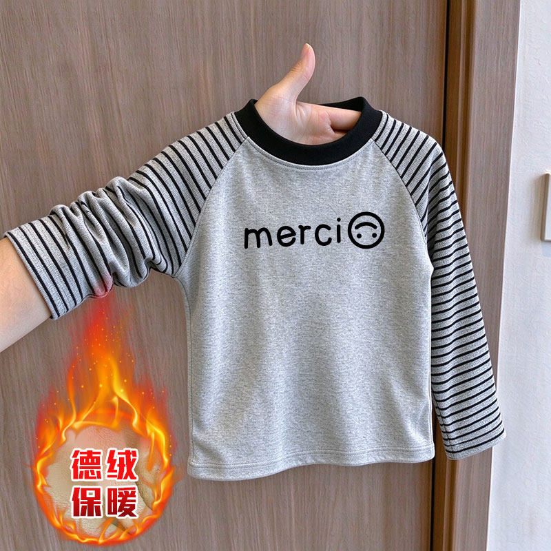 时尚百搭条纹上衣ins潮童装男童女童卡通可爱德绒印花潮童长袖T恤