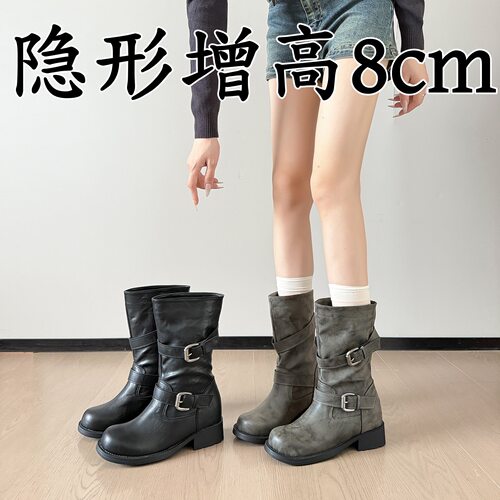 皮带扣内增高8cm女中筒骑士靴