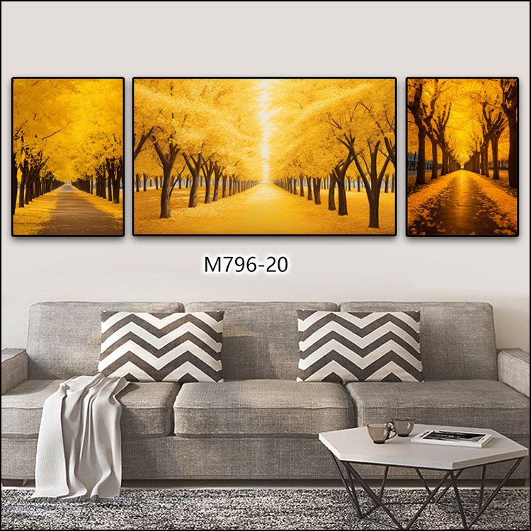 客厅挂墙黄金挂画满地大道壁画沙发发财树背景墙绿色大树装饰画