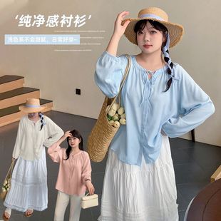 遮肉百搭上衣311546 伊诺大码 女装 甜美糖果色系带衬衣秋季 新款