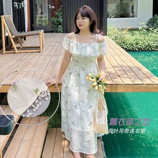 k3062大码 海边度假风沙滩吊带裙一字肩连衣裙胖妹妹裙子 女装 长款