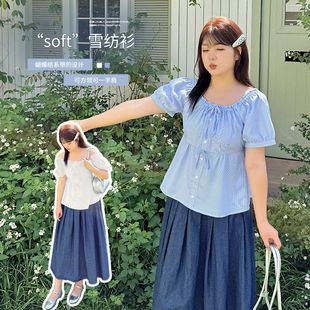 女装 一字肩娃娃衫 大码 减龄方领 蝴蝶结上衣222366 女2025夏季 新款