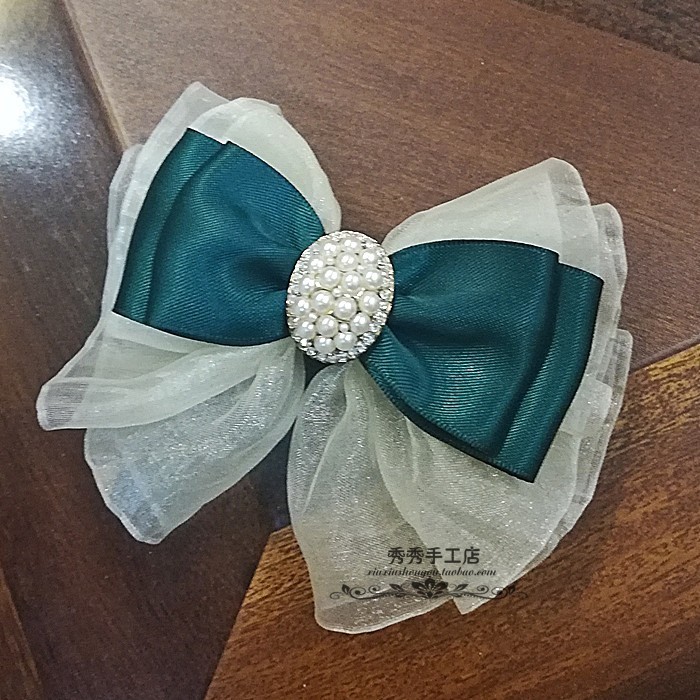 秀秀手工发饰大缎带纱珍珠花盘蝴蝶结韩式发夹发卡头饰