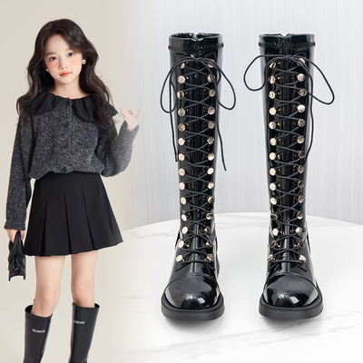 女童长筒靴子2025秋冬新款走秀演出鞋大童加绒皮靴儿童高筒马丁靴