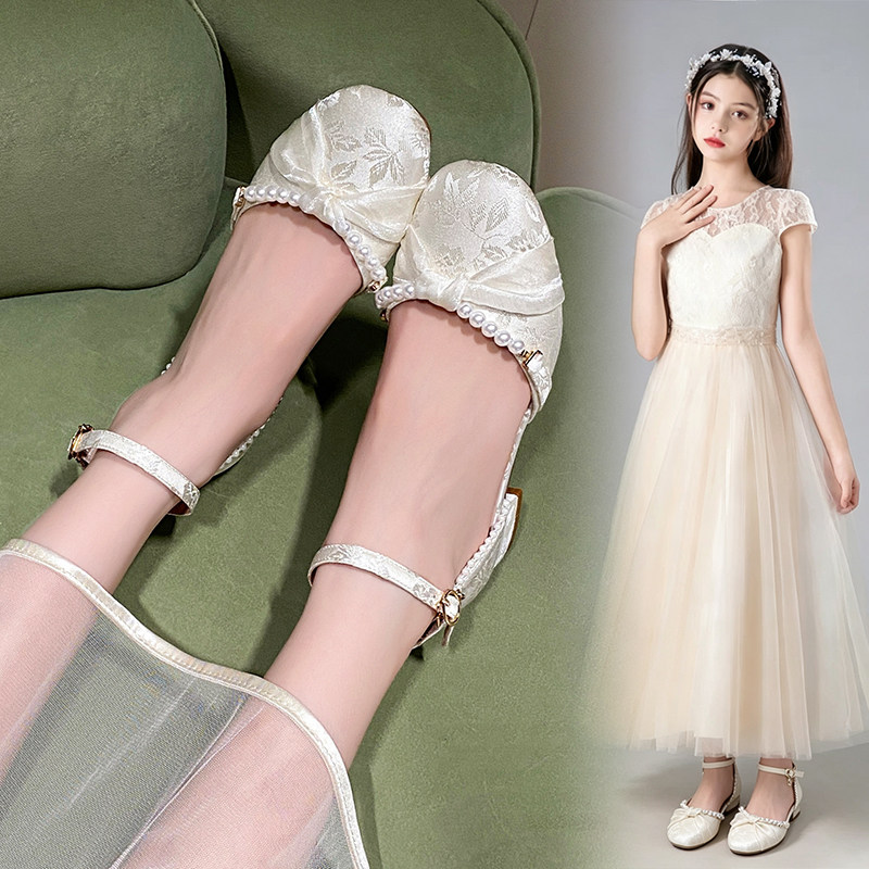 女童演出新中式包头凉鞋夏季儿童高跟鞋女孩配礼服鞋子汉服旗袍鞋