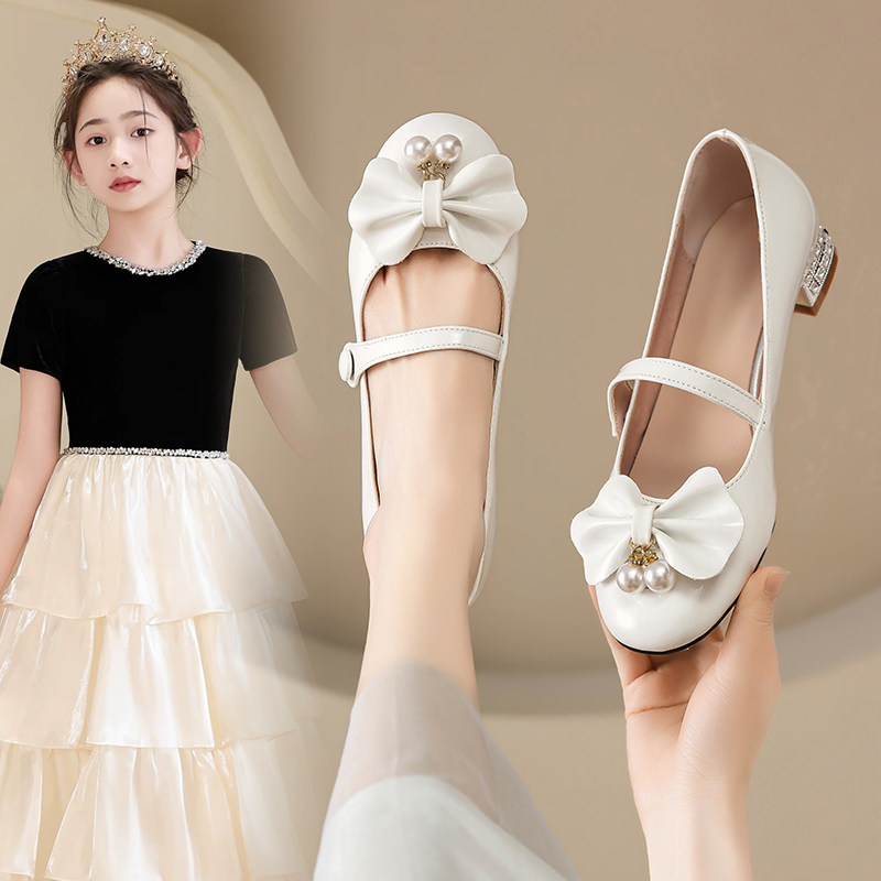 女童黑色皮鞋儿童高跟鞋公主水晶鞋银色钢琴走秀演出鞋配礼服鞋子