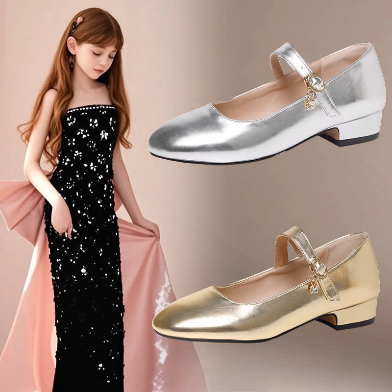 女童银色皮鞋儿童高跟鞋公主水晶鞋钢琴走秀演出鞋大童配礼服鞋子