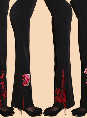 中年唐装裤子女秋冬厚款中式绣花民族风女裤妈妈装长裤AlMB3l7SB9