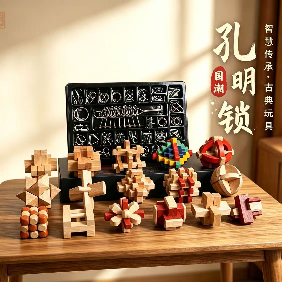 鲁班锁孔明锁全套小学生智力锁解扣榫卯积木9儿童8一12岁益智玩具
