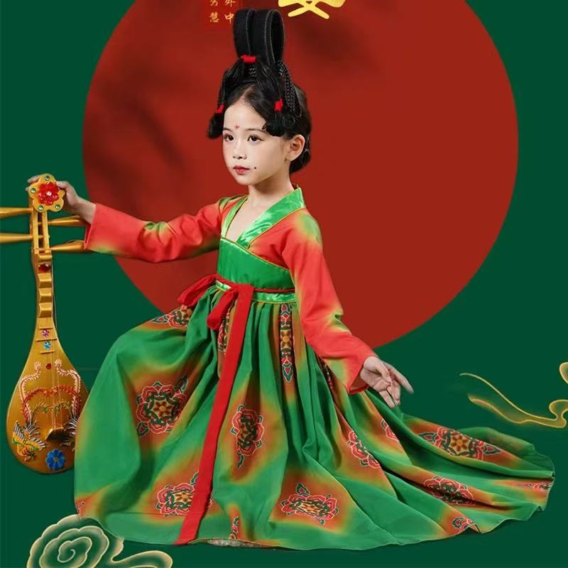 唐宫夜宴演出服女童襦裙儿童敦煌舞唐俑汉服女童古典舞蹈表演服装