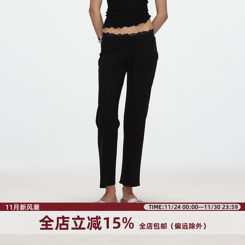 ECHOADE双重亲肤 低腰直筒版型松紧腰花边点缀简约利落九分神裤
