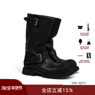 ECHOADE复古时髦 做旧成色处理 宽厚大圆头设计牛皮中筒靴子