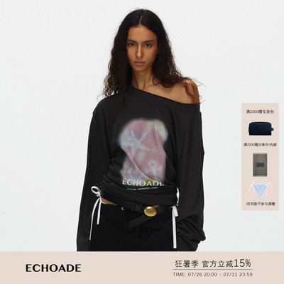 ECHOADE慵懒松弛 轻薄不闷热斜肩印花长袖T恤宽松印花一字领上衣