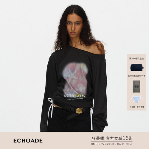 ECHOADE慵懒松弛 轻薄不闷热斜肩印花长袖T恤宽松印花一字领上衣