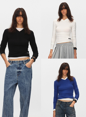 ECHOADE经典时髦 天丝羊毛混纺柔软舒适 小V领设计l修身长袖T恤