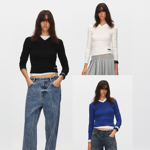 长袖 ECHOADE经典 小V领设计l修身 天丝羊毛混纺柔软舒适 T恤 时髦