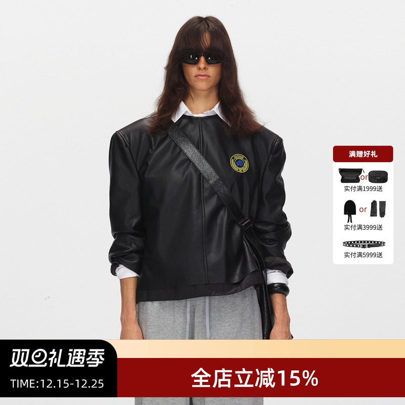 ECHOADE毛边垫肩设计皮衣外套