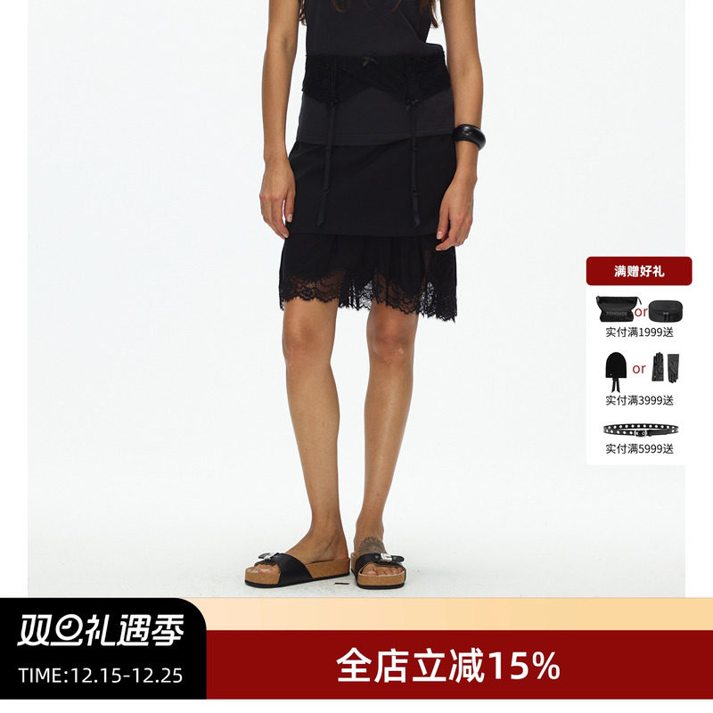 ECHOADE蕾丝边拼接高腰半身裙