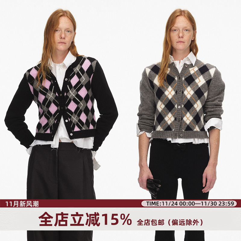 ECHOADE圆领短款菱格纹针织开衫