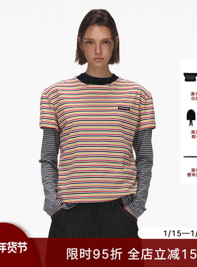 ECHOADE轻松俏皮 随意叠穿经典小圆领设计H版型撞色条纹T恤