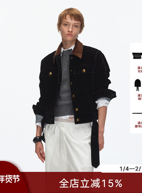 ECHOADE经典时髦 正肩版型利落猎装风植绒工艺短款牛仔夹克外套