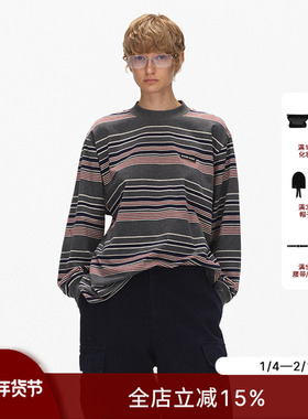 ECHOADE经典H版型 小圆领设计Logo贴布绣徽标宽松撞色条纹长袖T恤