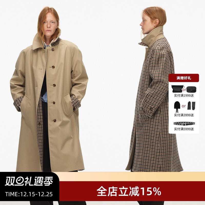 ECHOADE复古格纹拼接风衣外套