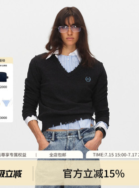 ECHOADE柔软舒适 精选100%绵羊毛logo刺绣破洞V领落肩设计针织衫