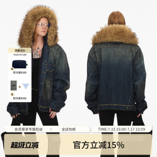 ECHOADE重磅丹宁水洗做旧破坏工艺毛领大廓形牛仔夹克外套