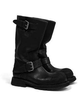 ECHOADE复古时髦 做旧成色处理 宽厚大圆头设计牛皮中筒靴子