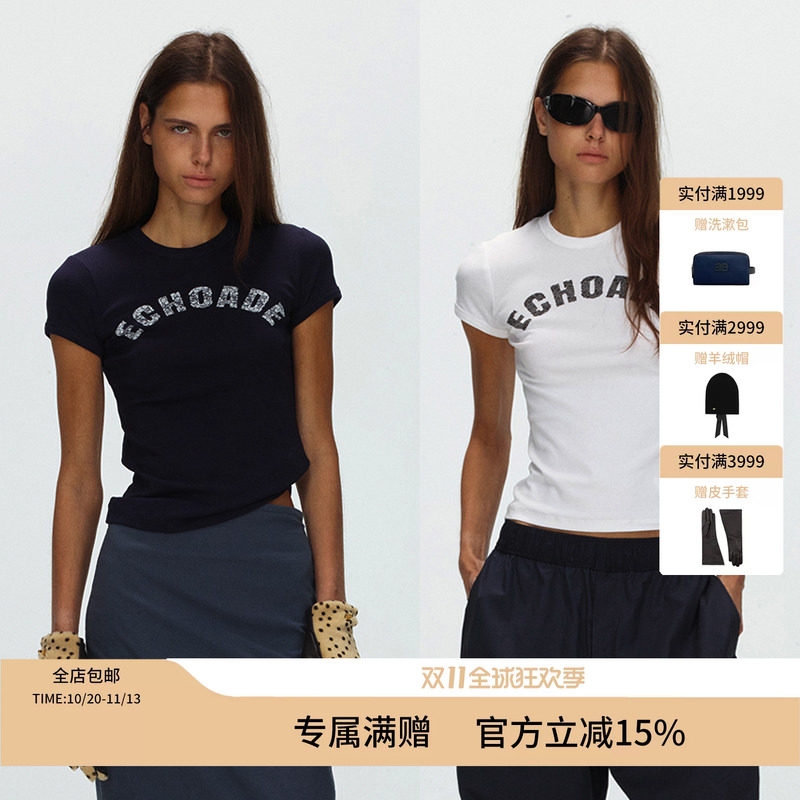 ECHOADE 时髦经典 蕾丝印花短袖亲肤修身T恤