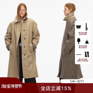 ECHOADE经典廓形 复古格纹拼接圆弧阔肩双面穿中长款设风衣外套