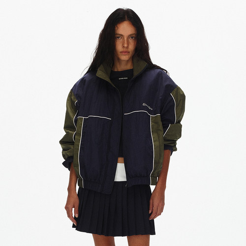 ECHOADE复古运动风潮 撞色拼接可拆卸垫肩设计廓形休闲夹克外套