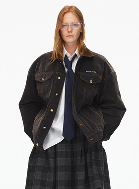 ECHOADE时髦保暖 撞色翻领设计植绒牛仔绗棉猎装夹克外套