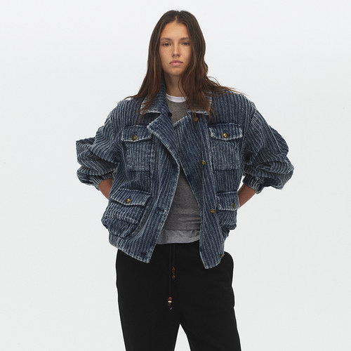 ECHOADE复古街头感 工装翻领设计挺括坑条植绒牛仔夹克外套