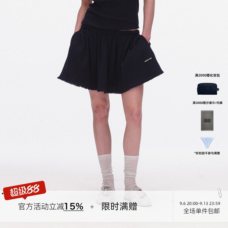 ECHOADE软糯亲肤 蓬松廓形松紧腰设计褶皱蕾丝花边迷你短裙图片