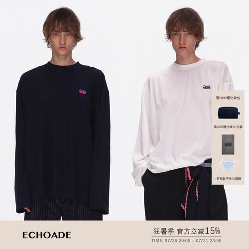 ECHOADE轻薄软糯 慵懒松弛撞色logo刺绣水洗破洞长袖T恤