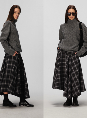 ECHOADE优雅轻松 不规则剪裁分割设计大裙摆A字伞裙高腰半身长裙