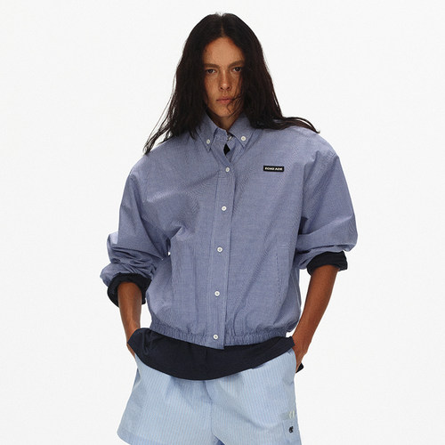 ECHOADE松弛高级感 蓝纹可拆卸垫肩休闲衬衫夹克早春外套女春季