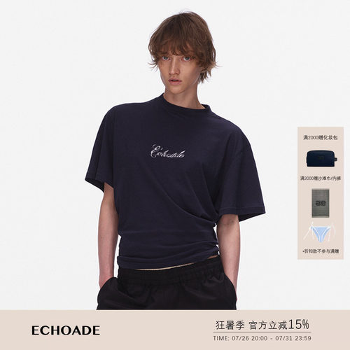 ECHOADE软糯清爽 宽松袖口收腰设计手绘logo印花纸片人短袖T恤