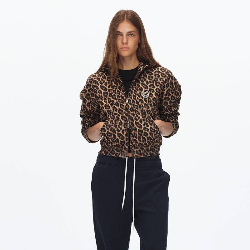 ECHOADE插肩袖豹纹短款连帽卫衣